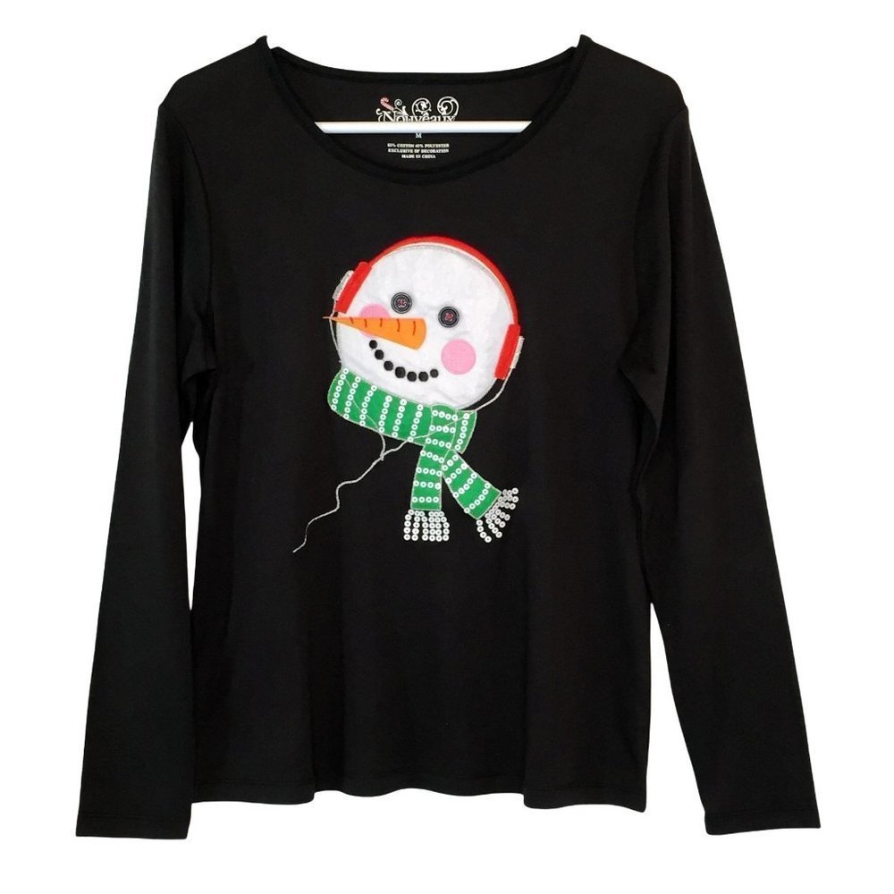 Nouveaux Snowman Christmas Long Sleeve Pullover Top Applique Embroidered Sequins